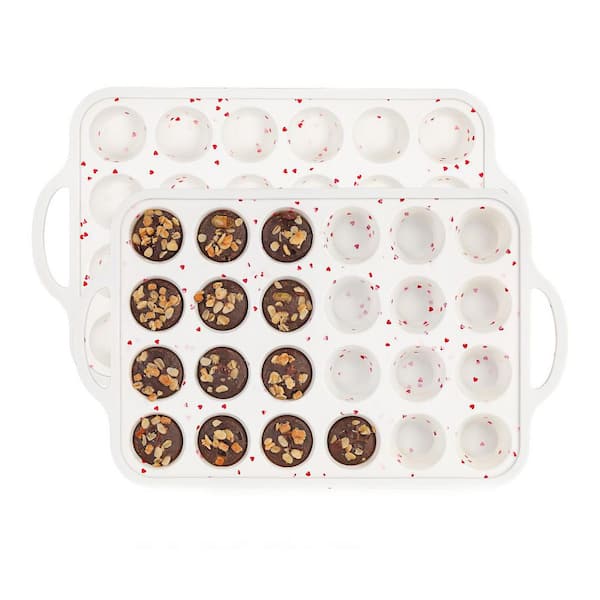 24-Cup Mini Silicone Muffin Pan Metal Reinforced Nonstick Heart-Shaped Cupcake Mold with Handle 2 Pack