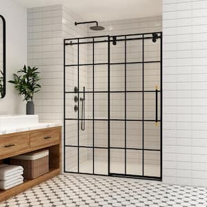 Puente 56 in. W x 78 in. H Single Sliding Frameless Shower Door in Matte Black with Clear Glass