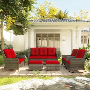 6-Piece Rattan Wicker Outdoor Patio Conversation Set with Red Cushions