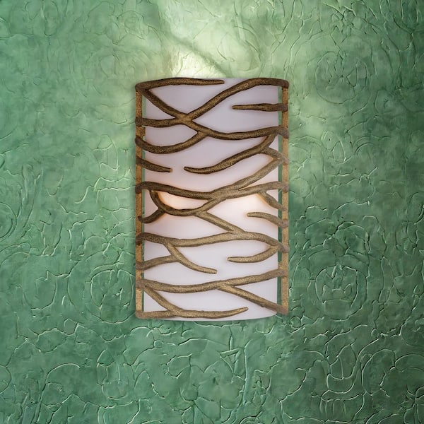 Branch Reality 2-Light Ashen Gold Wall Sconce with White Fabric Shade