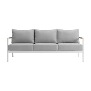 Crown White Aluminum and Teak Wood Outdoor Couch with Gray Cushions