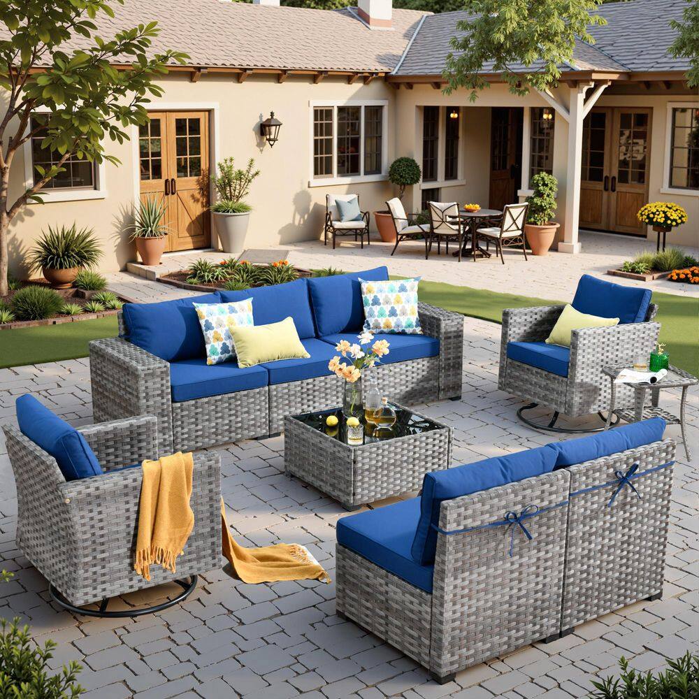 Baldwin Gray 9-Piece Wicker Wide Arm Outdoor Patio Conversation Sectional Set with Swivel Chairs and Navy Blue Cushions price history on PriceWatchPro