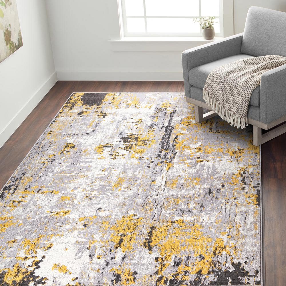 Yellow and Gray Abstract 5' x 7' Synthetic Area Rug