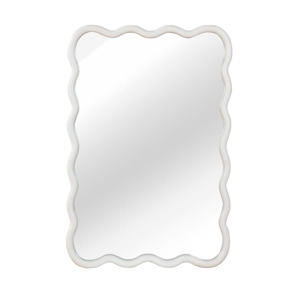 24 in.W × 36 in.H White Wavy-Edged Rectangle Mirror, Solid Wood Frame Wall-Mounted Decorative Mirror