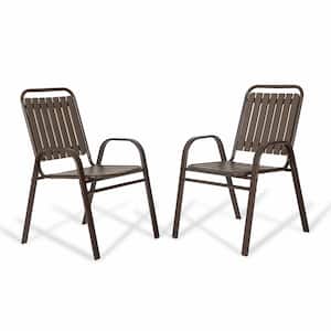 Stackable Brown Metal Outdoor Dining Chair Set of 2 w/PP Backrest and Seat