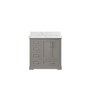 Boston 36 in. W x 22 in. D x 36 in. H Right Offset Sink Bath Vanity in Elephant Gray with 2 in. Calacatta Quartz Top