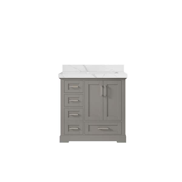 Willow Collections Boston 36 in. W x 22 in. D x 36 in. H Right Offset Sink Bath Vanity in Elephant Gray with 2 in. Calacatta Quartz Top