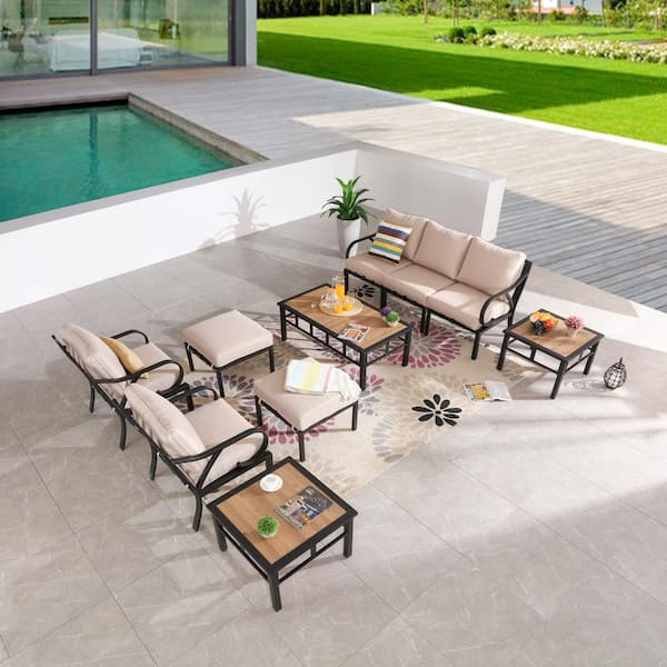 Patio Festival 10-Piece Metal Outdoor Sectional Set with Beige Cushions ...