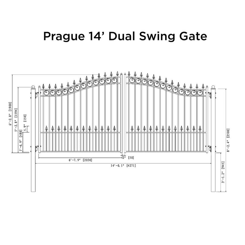 Prague Style Black Steel Dual Swing Driveway Gate 14x6 Feet