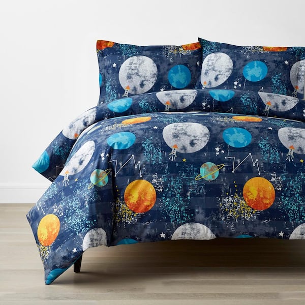 Company Kids by The Company Store Company Kids Space Travel 3-Piece Multicolored Organic Cotton Percale Queen Duvet Cover Set