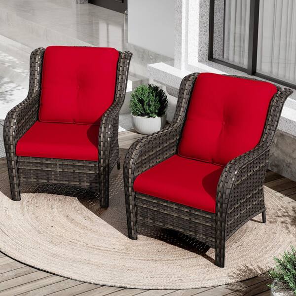 Ergonomic Arm 2-Piece Patio Wicker Outdoor Lounge Chair with Thick Red Cushions