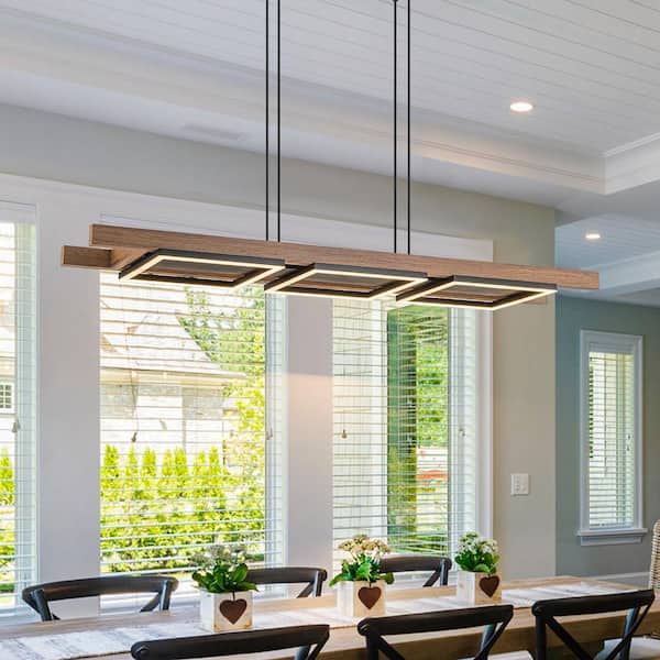 EDISLIVE Iris 3-Light Integrated LED Wood Linear Farmhouse Chandelier Kitchen Island Pendant with Accents