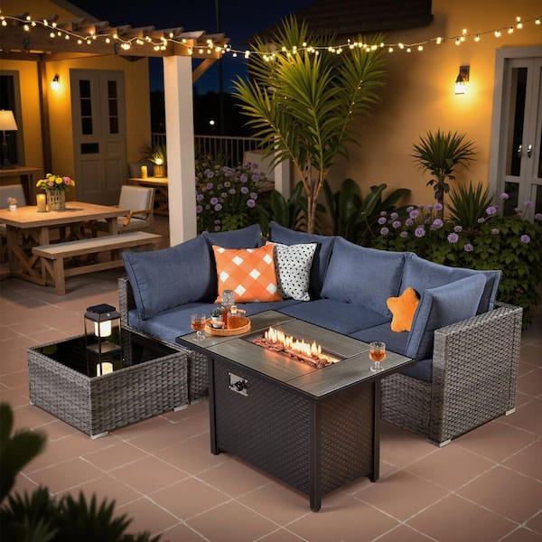 Elora Gray 6‑Piece Wicker Outdoor Sectional Set with Fire Pit, Denim Blue Cushion & Coffee Table for Patio, Yard, Deck