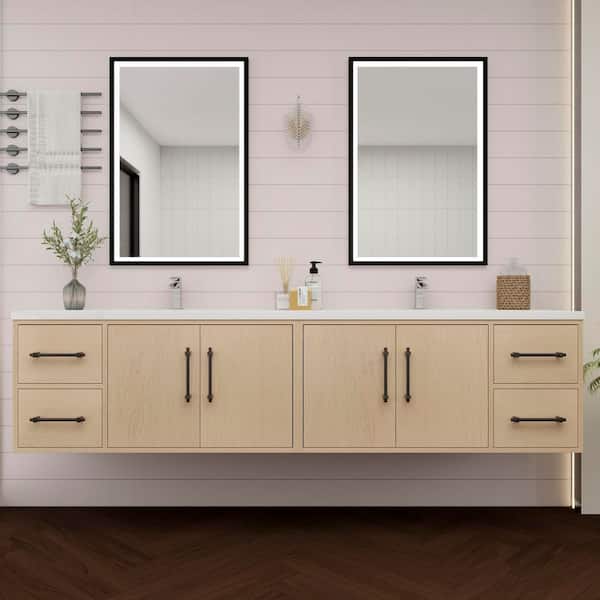 Victoria 84 in. W x 20 in. D x 22 in. H Double Sink Floating Bath Vanity in Yellow Oak with White Acrylic Top