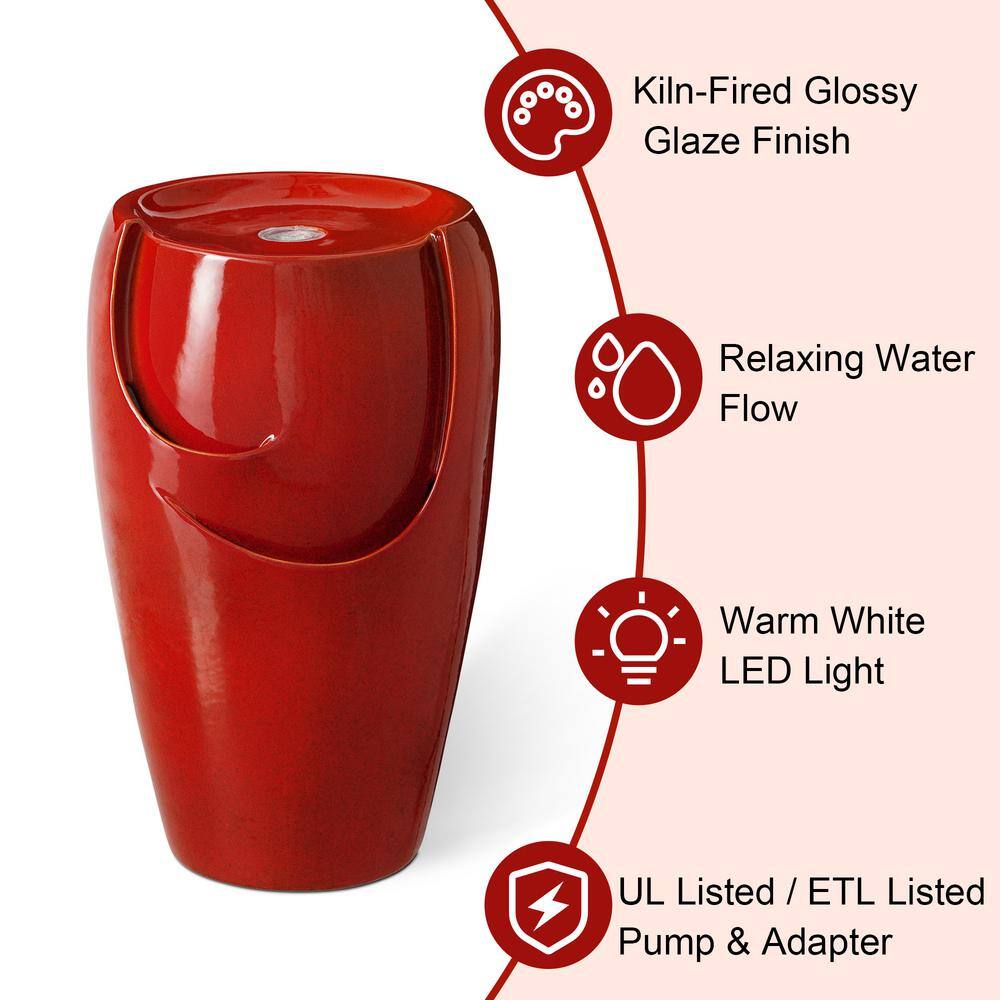 21.25" Red Ceramic Pot Fountain with LED Light