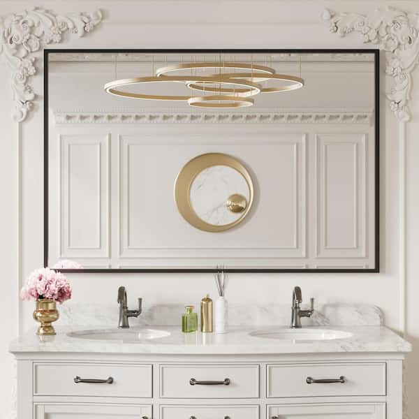 KIOTEE 65 in. W x 22 in. H Rectangular Framed French Cleat Wall Mounted Tempered Glass Bathroom Vanity Mirror in Matte Black