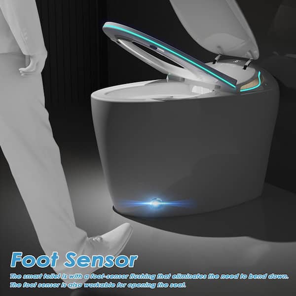 1.28 GPF Auto Open Close Seat Smart Bidet Toilet in Glossy White with Foot Sensor LED Display Warm Water