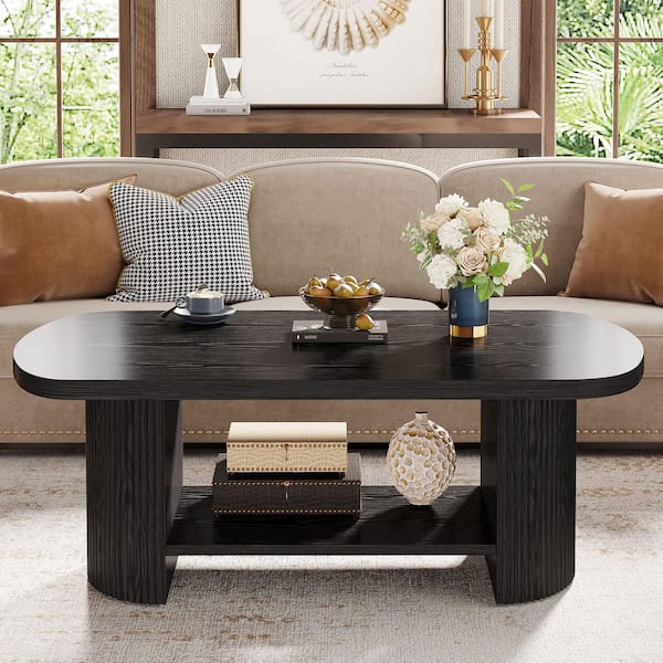 Allan 45.2 in. Black Rectangle Engineered Wood Fluted Coffee Table with Storage Shelf