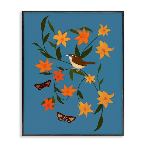 Stupell Industries Sparrow on Lily Bunches by Michelle Ingari Designs Black Framed Nature Giclee Art Print 20 in. x 16 in.
