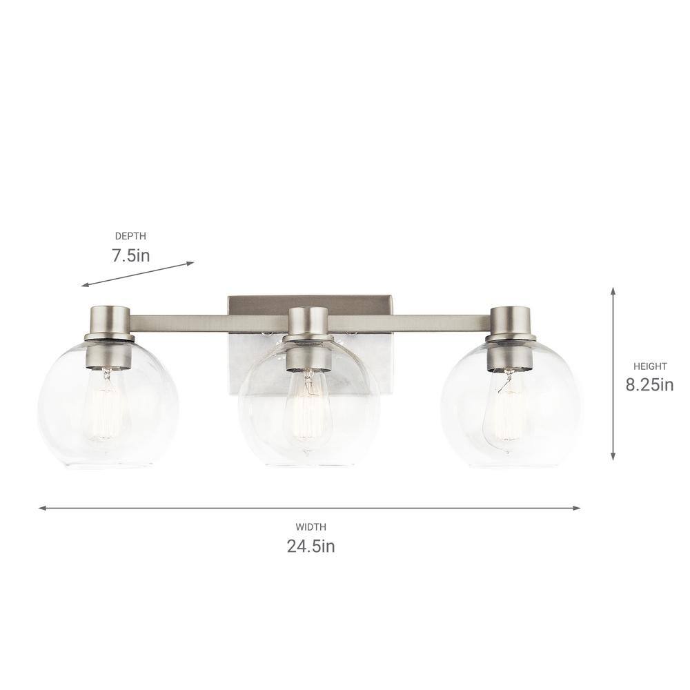 Harmony 24.5" Brushed Nickel 3-Light Vanity with Clear Glass Shades
