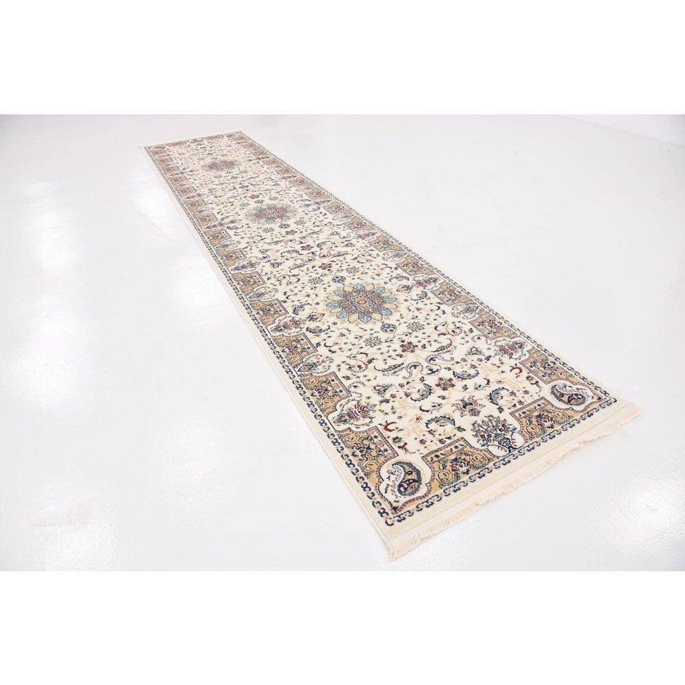 Ivory and Beige Synthetic Persian Runner Rug 3' x 13'