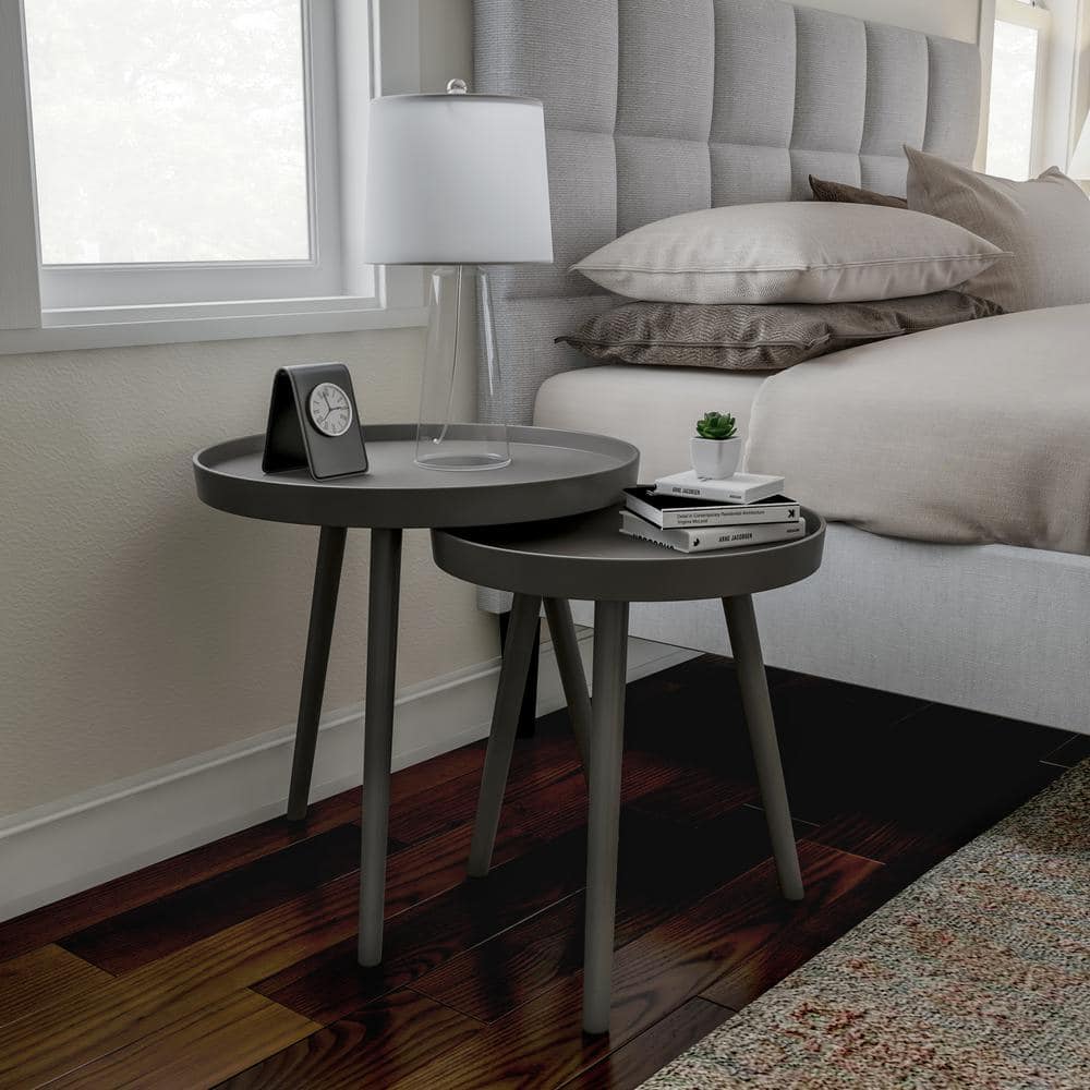 Gray Round Wood Nesting End Tables with Tray Tops, Set of 2