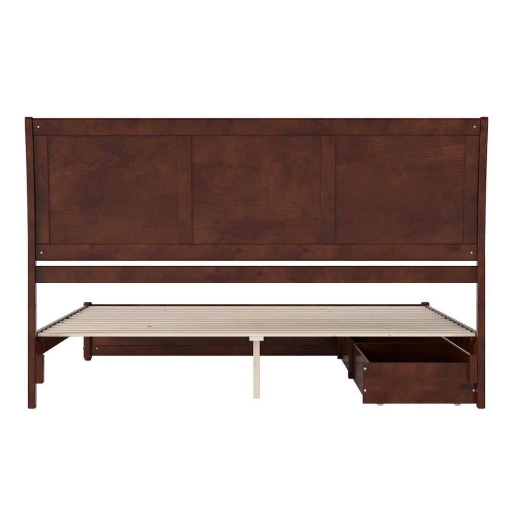 Walnut King Platform Bed with Storage Drawers and Wood Headboard