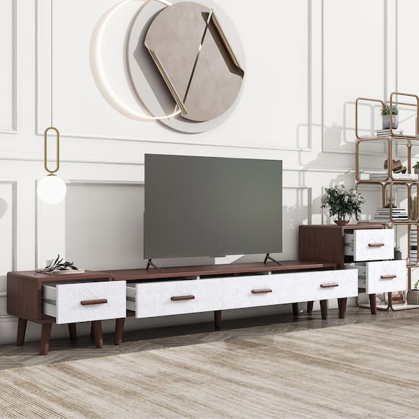 J&E Home 70.9 in. White and Brown 3 Piece TV Stand set with 2 End Tables with Drawers Fits TV's up to 80 in.