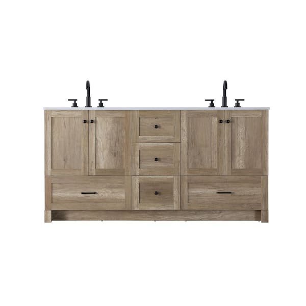 66 in. Double Sink Natural Oak Bath Vanity with White Engineered Marble Top