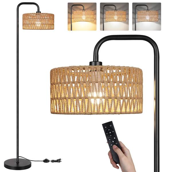 Rottogoon 68 in. Black Paint Farmhouse Standing Lamp, 1 Bulb Remote 3 Color Temp Arc Floor Lamp for Living Room with Rattan Shade