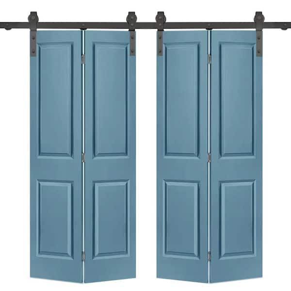 CALHOME 48 in. x 80 in. 2 Panel Dignity Blue Painted MDF Composite Double Bi-Fold Barn Door with Sliding Hardware Kit