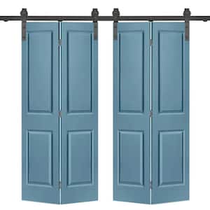 72 in. x 80 in. Hollow Core 2-Panel Dignity Blue MDF Composite Double Bi-Fold Barn Doors with Sliding Hardware Kit