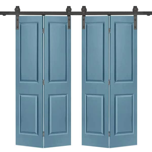 CALHOME 72 in. x 80 in. Hollow Core 2-Panel Dignity Blue MDF Composite Double Bi-Fold Barn Doors with Sliding Hardware Kit
