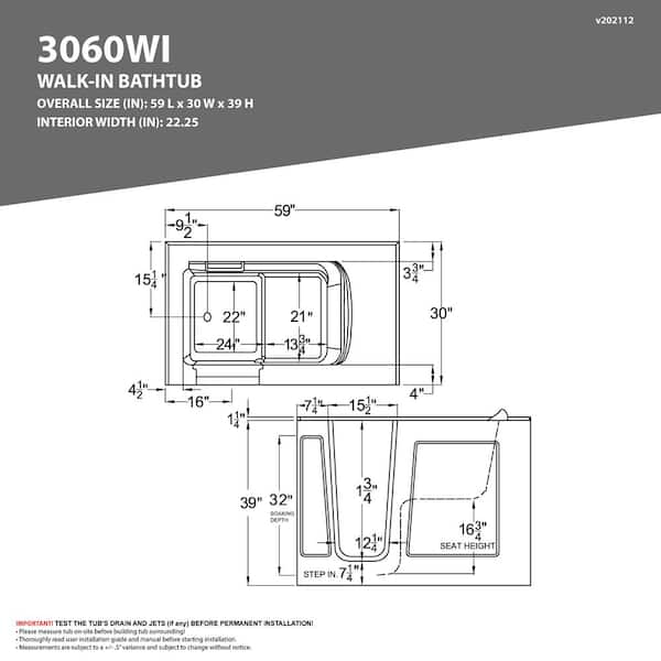 Elite Walk In Bathtub (30″ x 52″) RH Door, Drain