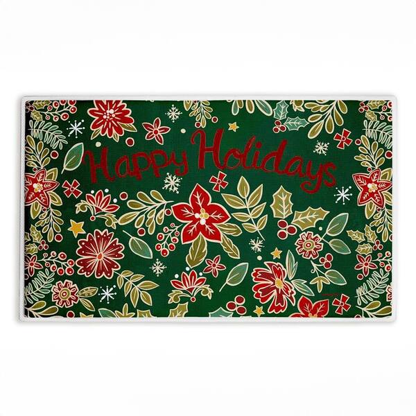 Holiday Poinsettia Greeting 18 in. x 30 in. Green Floral Polyester Blend Rectangle Bath Mat