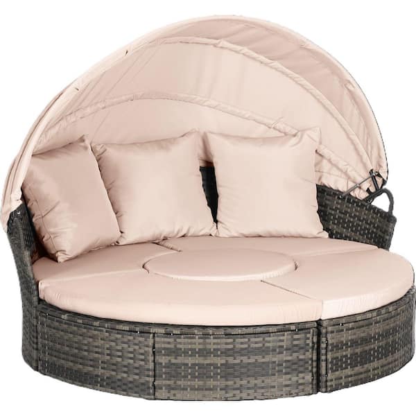 5-Piece Wicker Outdoor Day Bed with Beige Cushions Retractable Canopy and Storable Table, Patio Round Daybed for Porch