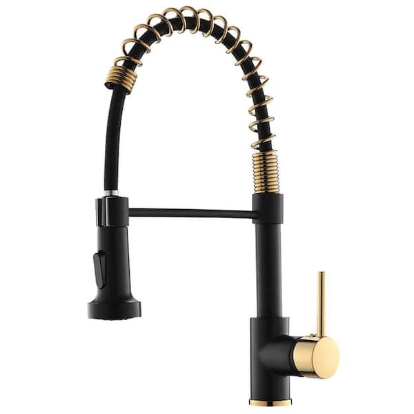 Single Handle Pull Down Sprayer Kitchen Faucet with Advanced Spray 1 Hole Kitchen Sink Taps in Matte Black&Polished Gold