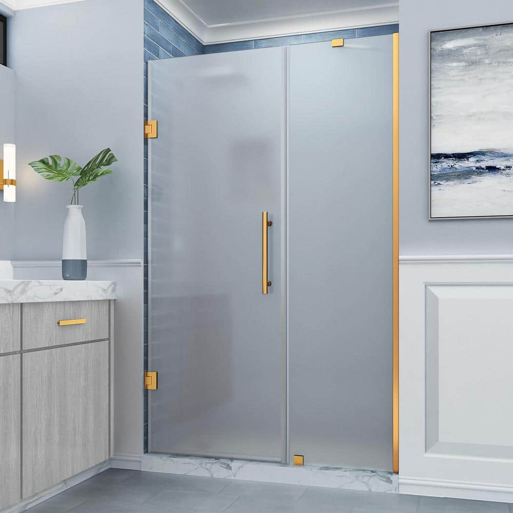 Belmore 46.25  in. to  47.25 in. W x 72 in. H Pivot Frameless Shower Door Frosted Glass in Brushed Gold price history on PriceWatchPro
