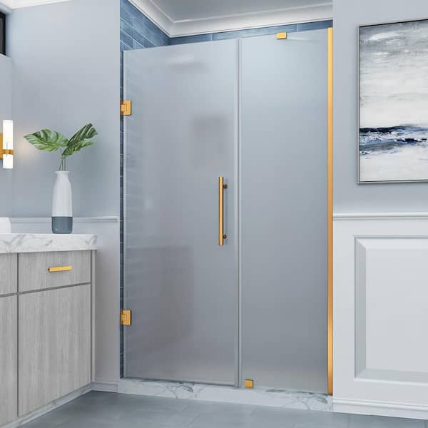 Aston Belmore 47.25  in. to  48.25 in. W x 72 in. H Pivot Frameless Shower Door Frosted Glass in Brushed Gold