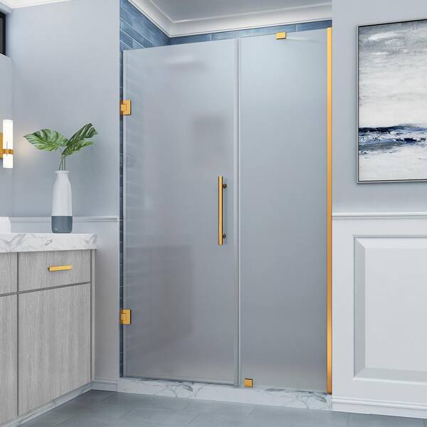Aston Belmore 48.25 - 49.25 in. W x 72 in. H Frameless Pivot Shower Door Frosted Glass in Brushed Gold