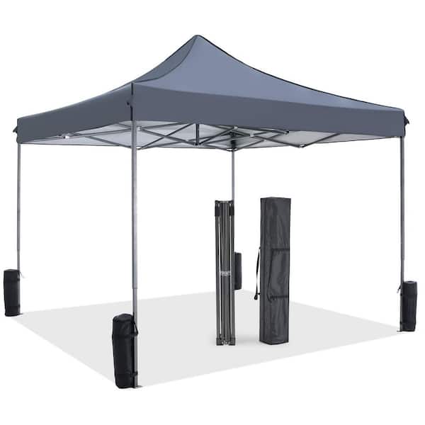 10 ft. x 10 ft. Gray Pop Up Canopy Tent, Instant Outdoor Sun Shelter Easy Setup with 4 Sand Bags and Storage Bag