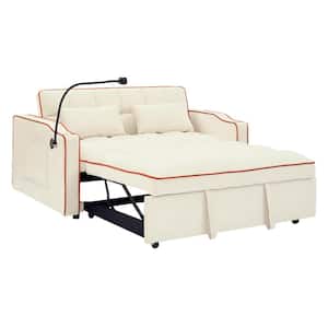 55.51 in. Beige Velvet Versatile Foldable Twin Size Sofa Bed