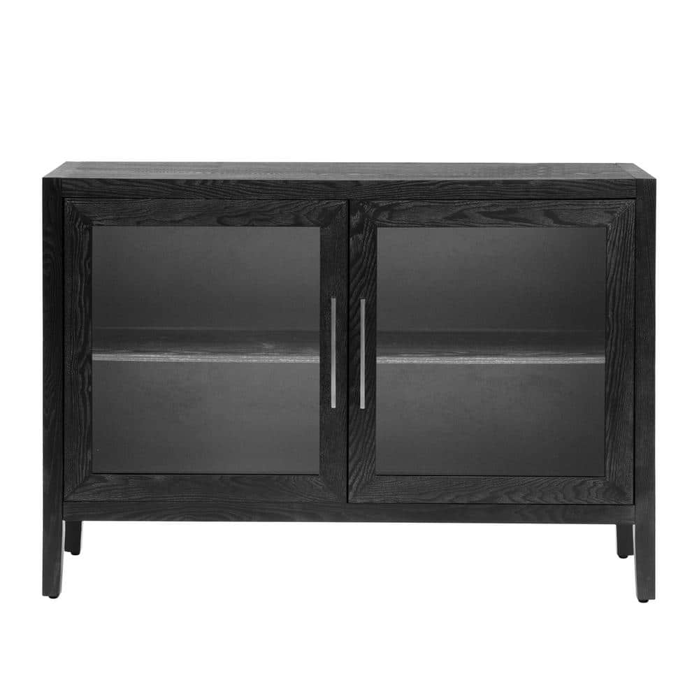 48 in. W x 15.7 in. D x 34.4 in. H Black Linen Cabinet with 2 Tempered Glass Doors, 4 Legs and Adjustable Shelf