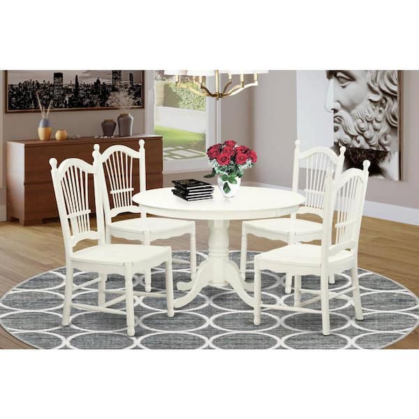 East West Furniture 5-Piece Round Linen White Finish Solid Wood Top Dining table with 4 Chairs with Lattice Back