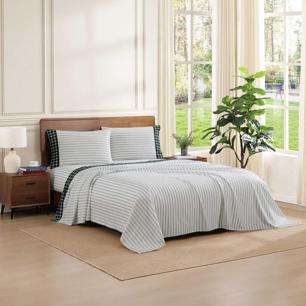 Cass Park Mix Check Stripe 4-Piece Paradise Green Cotton Percale Queen Sheet Set