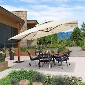 12 ft. Square High-Quality Wood Pattern Aluminum Cantilever Polyester Patio Umbrella with Base Plate, Cream