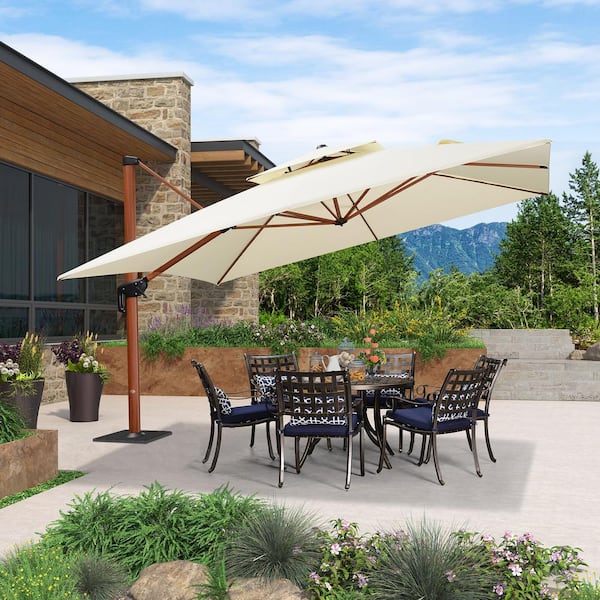 12 ft. Square High-Quality Wood Pattern Aluminum Cantilever Polyester Patio Umbrella with Base Plate, Cream