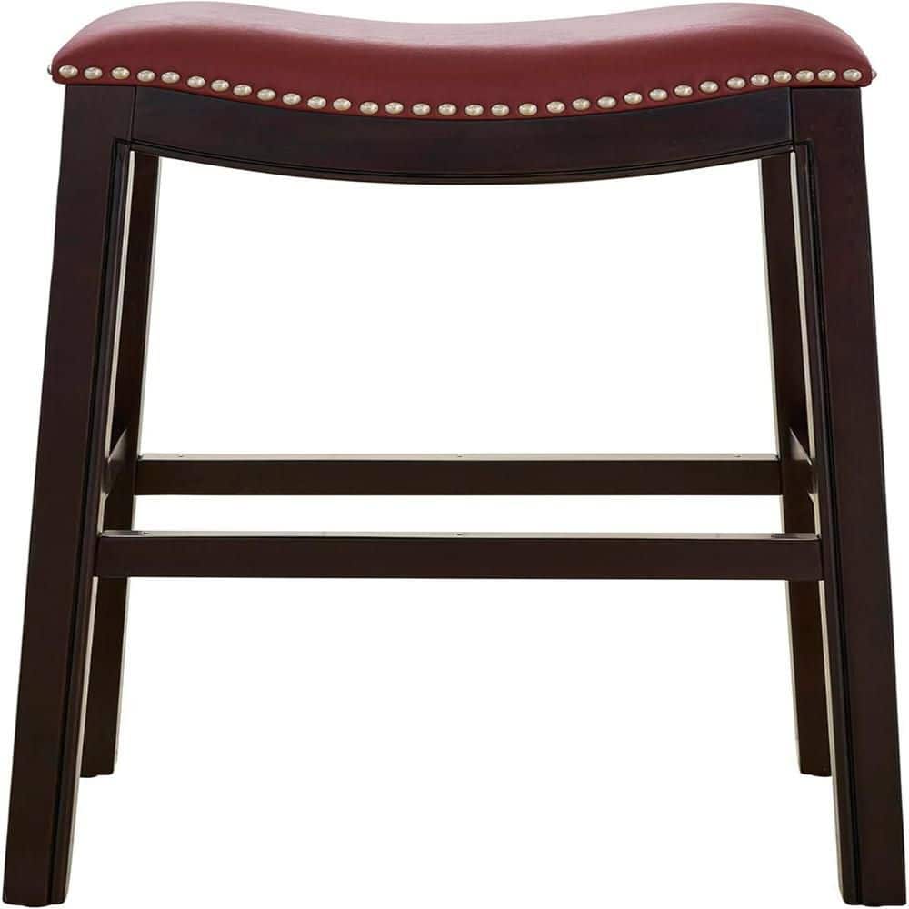 Espresso Wood and Red Faux Leather Saddle Barstool