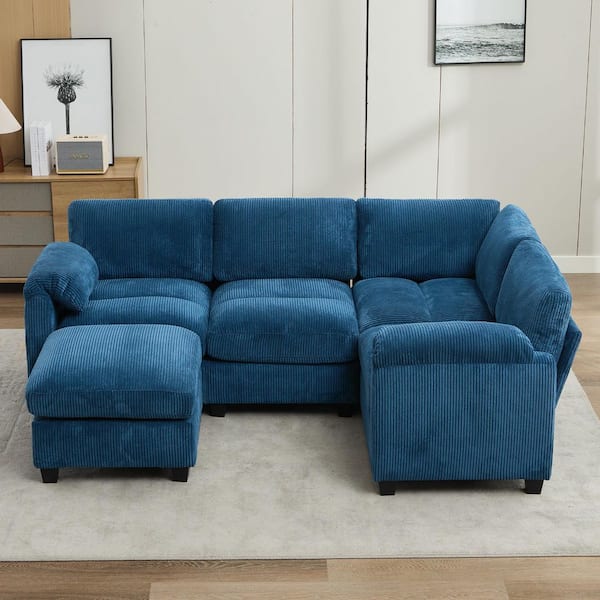 85.37 in. Corduroy Modular L-Shaped 5-Seat Sectional Sofa in Navy for Living Room and Spacious Space