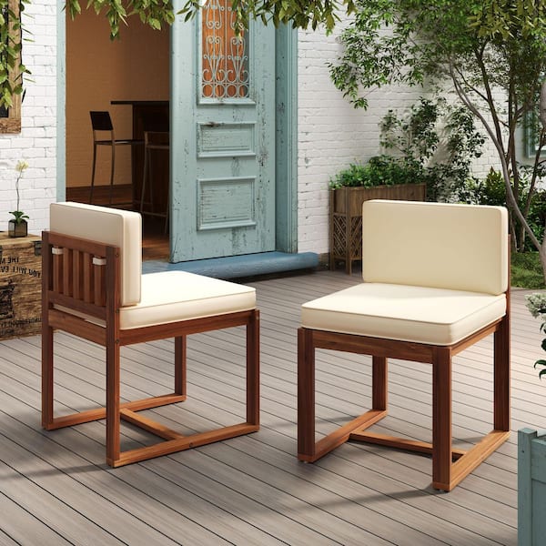 MEOOEM 2PCs Outdoor Patio Dining Chairs, Acacia Wood Armless Chairs with Beige Cushions for Balcony Bistro